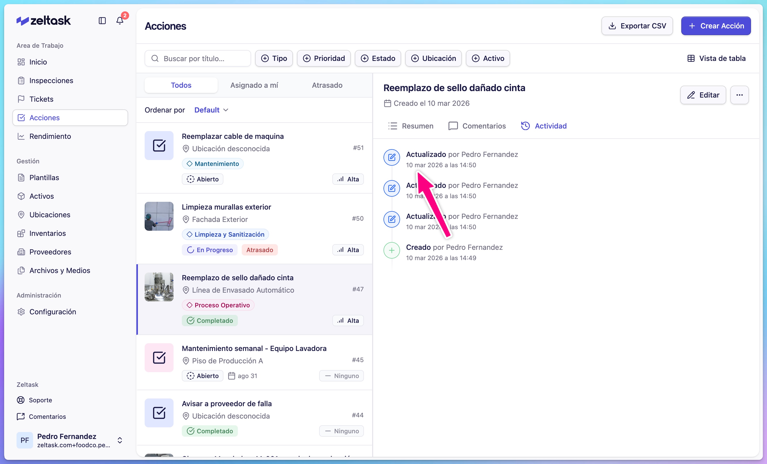 Activity section showing status change history with timestamps